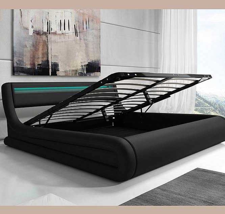 Dormitorios Muebles Bonitos Cama Canap Rodas En Color Negro | Cama De Matrimonio Con Canap Rodas En Color Negro (180X200Cm)