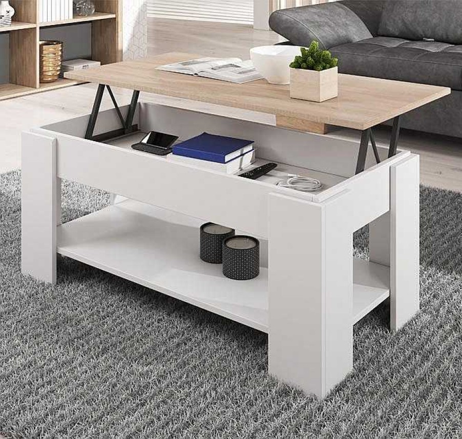 Salones Modernos Muebles Bonitos | Mesa De Centro Elevable Nicoleta Color Blanco Y Sonoma