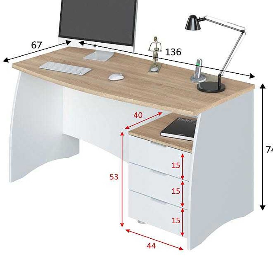 Oficina Muebles Bonitos | Mesa De Despacho Con Cajonera De 3 Cajones Modelo Castell N En Color Blanco