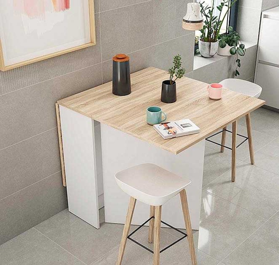 Salones Modernos Muebles Bonitos | Mesa Auxiliar Con Alas Abatibles Modelo Bari En Color Blanco Y Sonoma