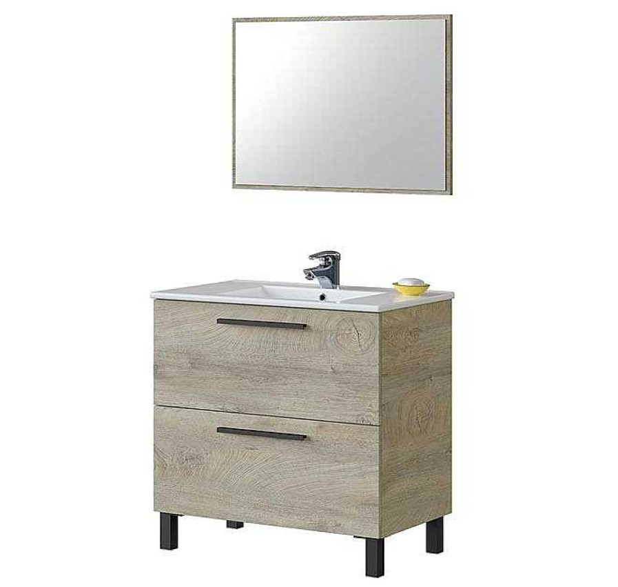 Muebles De Ba O Muebles Bonitos | Conjunto De Ba O De 2 Puertas + Espejo + Lavabo Modelo Verona 3 En Color Roble