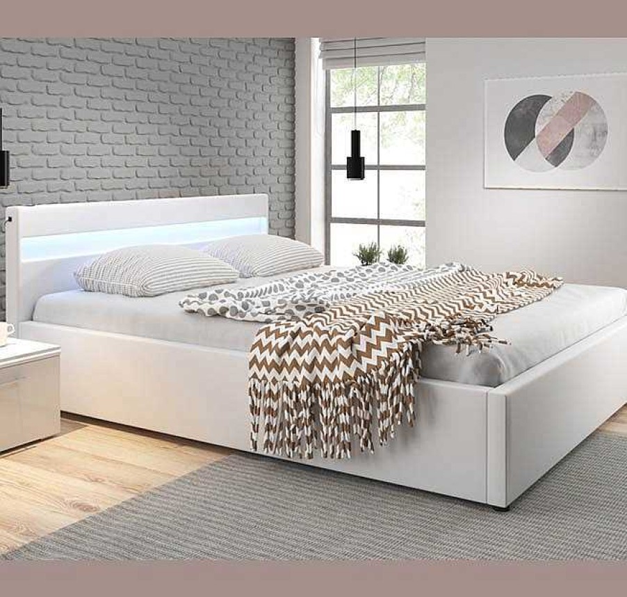 Dormitorios Muebles Bonitos | Cama De Matrimonio Canap Con M Sica (Subwoofer) Bahia En Color Blanco (150X190Cm)