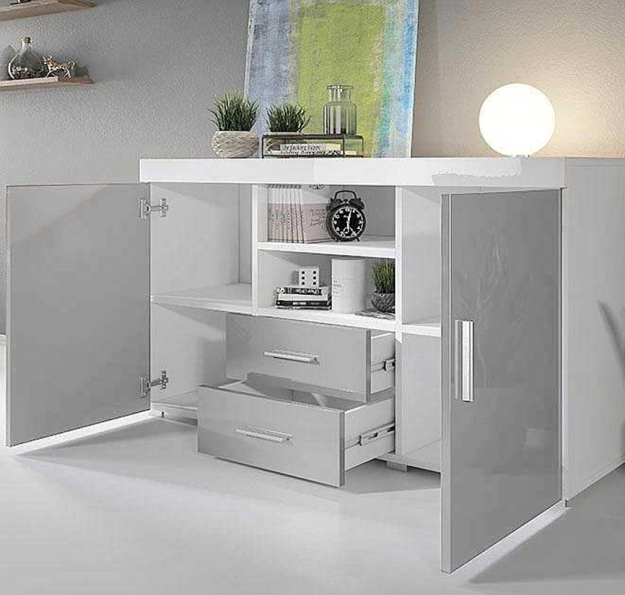 Salones Modernos Muebles Bonitos | Aparador Modelo Roque Color Blanco Brillo Y Gris Brillo