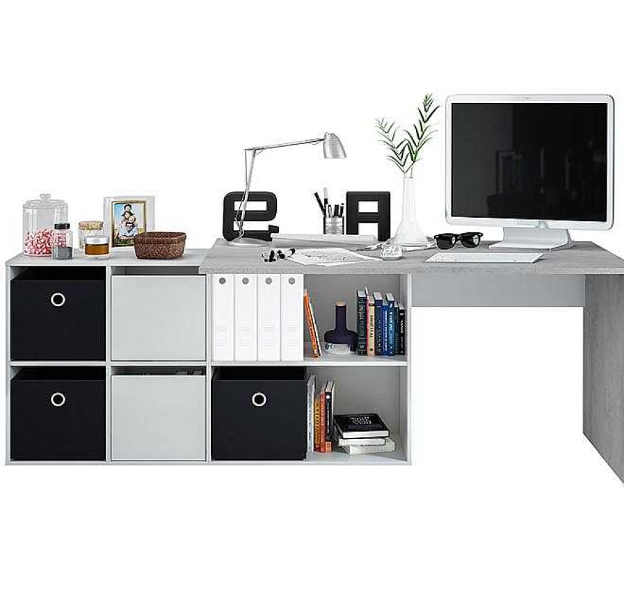 Oficina Muebles Bonitos | Mesa Escritorio Con Buc Modelo Aosta En Color Blanco Y Cemento