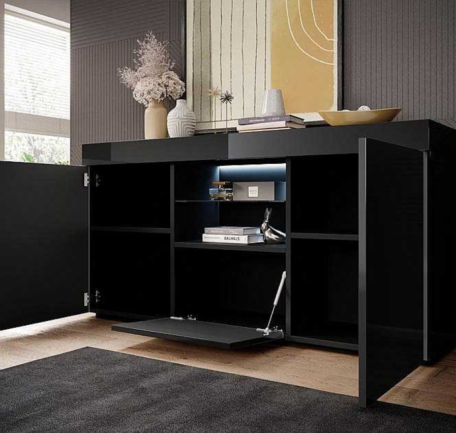 Salones Modernos Muebles Bonitos | Aparador Modelo Sefora Color Negro Brillo 135X72Cm.