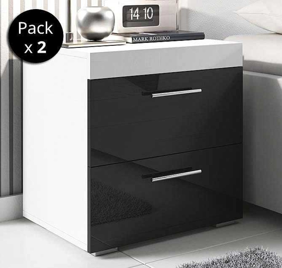 Dormitorios Muebles Bonitos | Pack De 2 Mesitas De Noche Ciro Blanco Y Negro