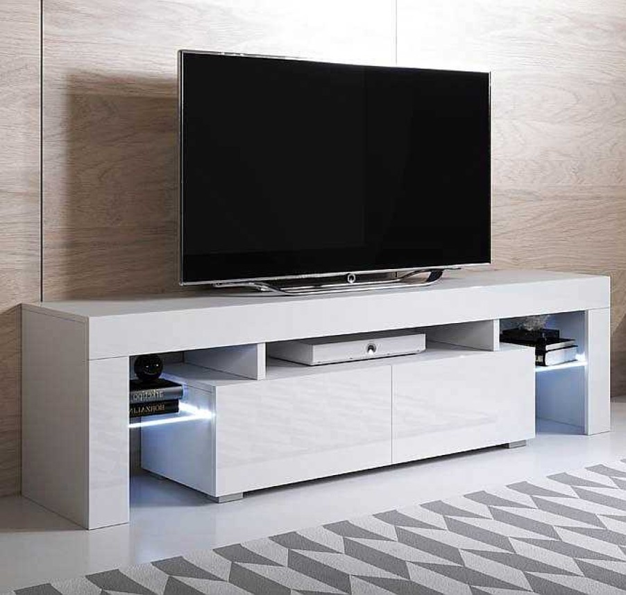 Salones Modernos Muebles Bonitos | Mueble Tv Modelo Unai (160X45Cm) Color Blanco Con Led Rgb