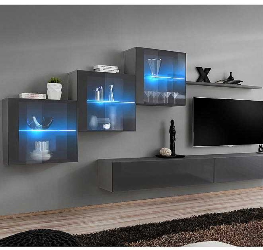 Salones Modernos Muebles Bonitos | Vitrina Colgante Modelo Berit Ld 60X60 En Color Gris Con Led