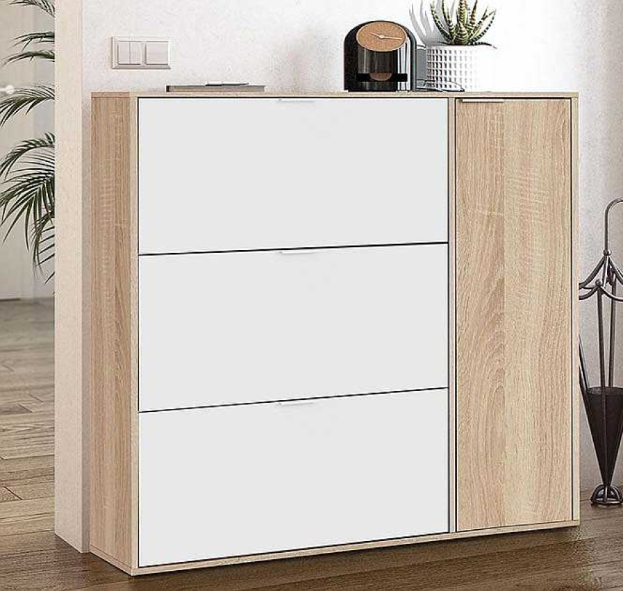 Recibidores Modernos Muebles Bonitos | Zapatero Con 3 Puertas Abatibles Y 1 Lateral Modelo Benisa En Color Sonoma Y Blanco