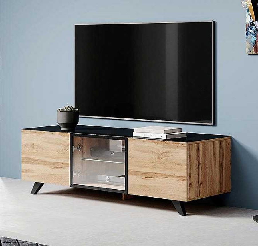 Salones Modernos Muebles Bonitos | Mueble Tv Viena (150X47Cm) Color Roble Wotan Y Negro Con Led