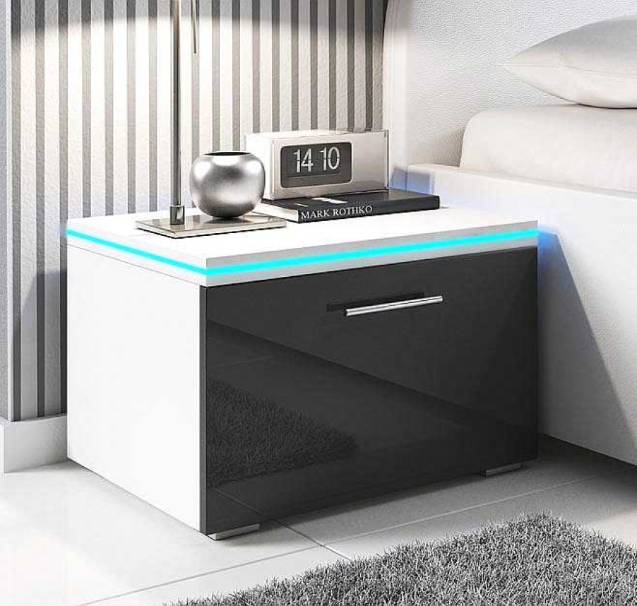 Dormitorios Muebles Bonitos | Mesita De Noche Victoria Blanco Y Negro Con Led Rgb