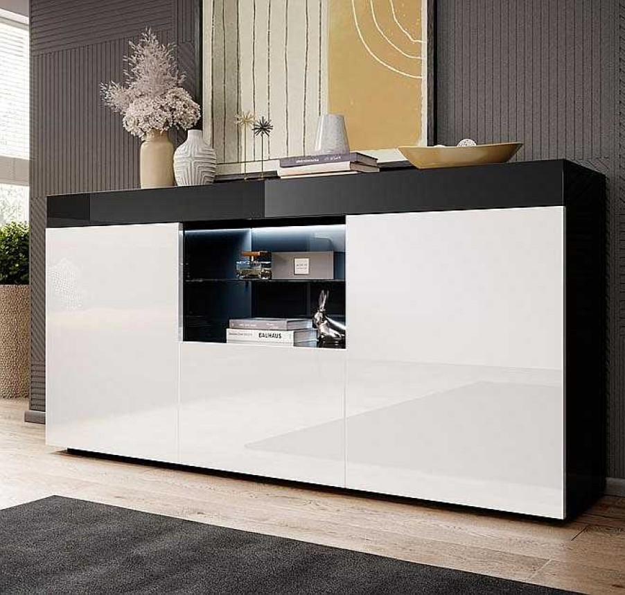 Salones Modernos Muebles Bonitos | Aparador Modelo Sefora Color Negro Y Blanco Brillo 135X73Cm.