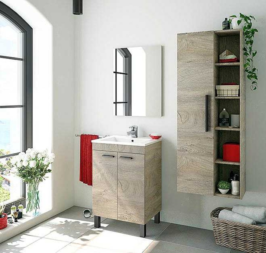 Muebles De Ba O Muebles Bonitos | Conjunto De Ba O De 2 Puertas + Espejo + Lavabo + Columna De Ba O Modelo Verona 2 En Color Roble