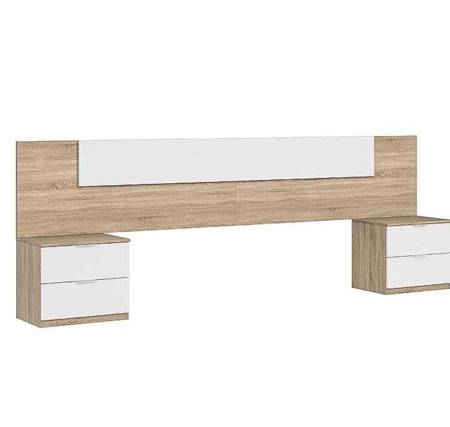 Dormitorios Muebles Bonitos | Cabezal + 2 Mesitas Modelo Liguria En Color Sonoma Y Blanco