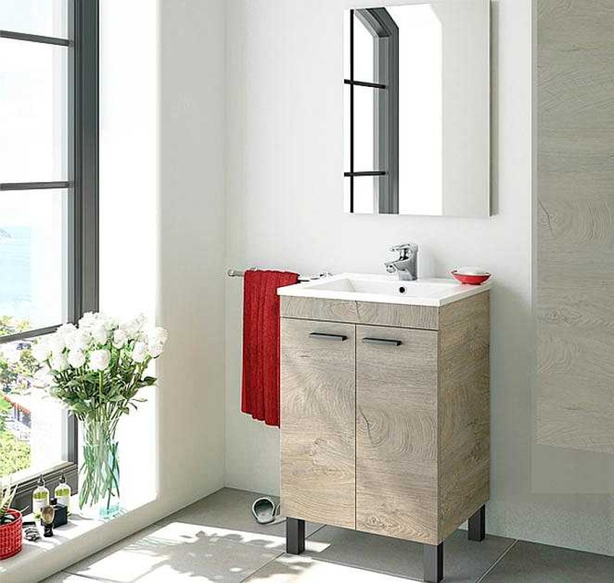 Muebles De Ba O Muebles Bonitos | Conjunto De Ba O De 2 Puertas + Espejo + Lavabo Modelo Verona 1 En Color Roble