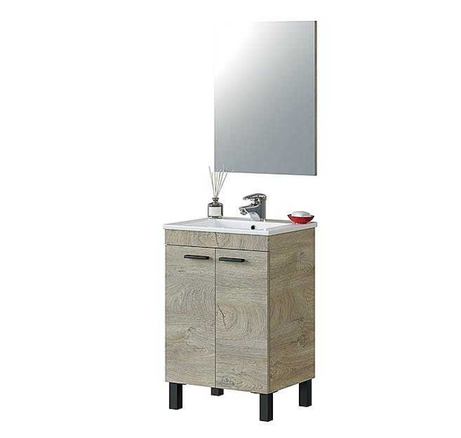 Muebles De Ba O Muebles Bonitos | Conjunto De Ba O De 2 Puertas + Espejo + Lavabo + Columna De Ba O Modelo Verona 2 En Color Roble