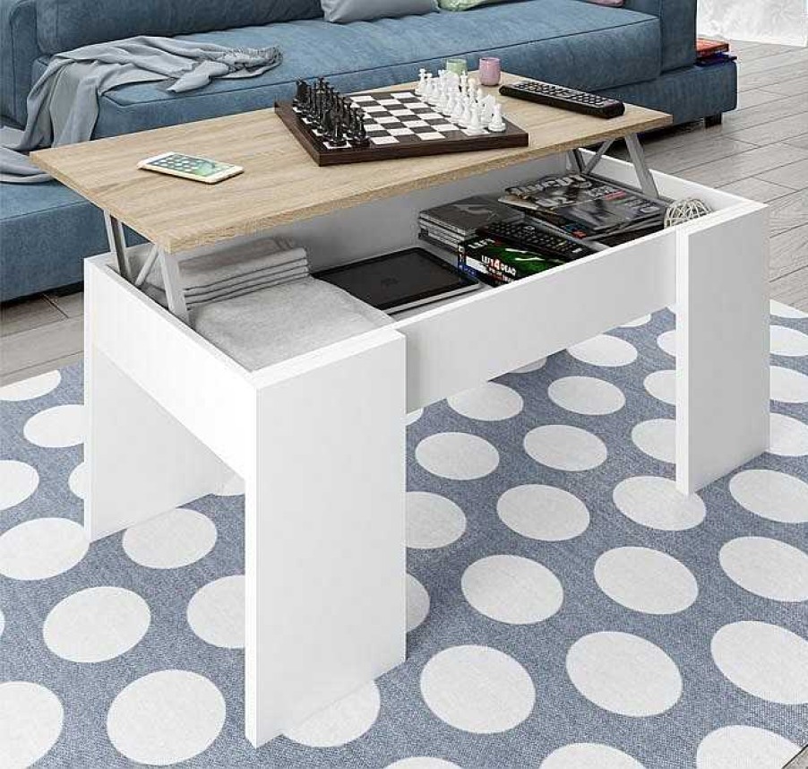 Salones Modernos Muebles Bonitos | Mesa De Centro Elevable Modelo Xativa En Color Blanco Y Sonoma