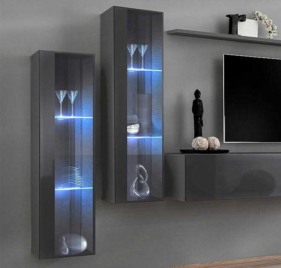 Salones Modernos Muebles Bonitos | Vitrina Colgante Modelo Berit Ld 30X120 En Color Gris Con Led