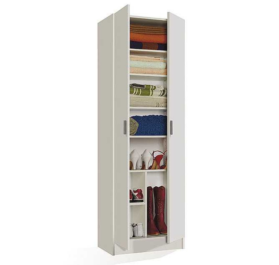 Recibidores Modernos Muebles Bonitos | Armario Multiusos 2 Puertas + 7 Estantes Modelo Benicarlo En Color Blanco